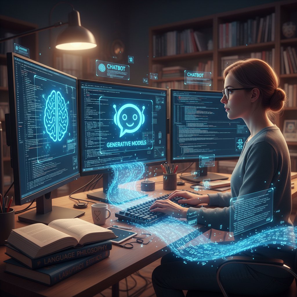 Programista konfrontujący się z chatbotem podczas testowania modeli generatywnych