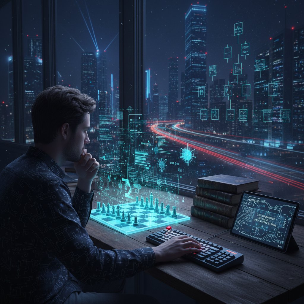 Zdjęcie: programista przy komputerze na tle symbolicznej szachownicy, filozofia a etyka technologii