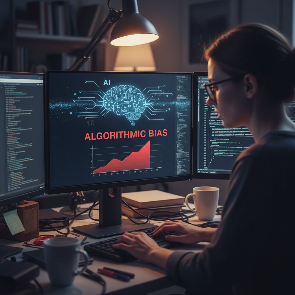 Programista pracujący przy komputerze, kodujący algorytm AI, symbolizujący uprzedzenia algorytmiczne