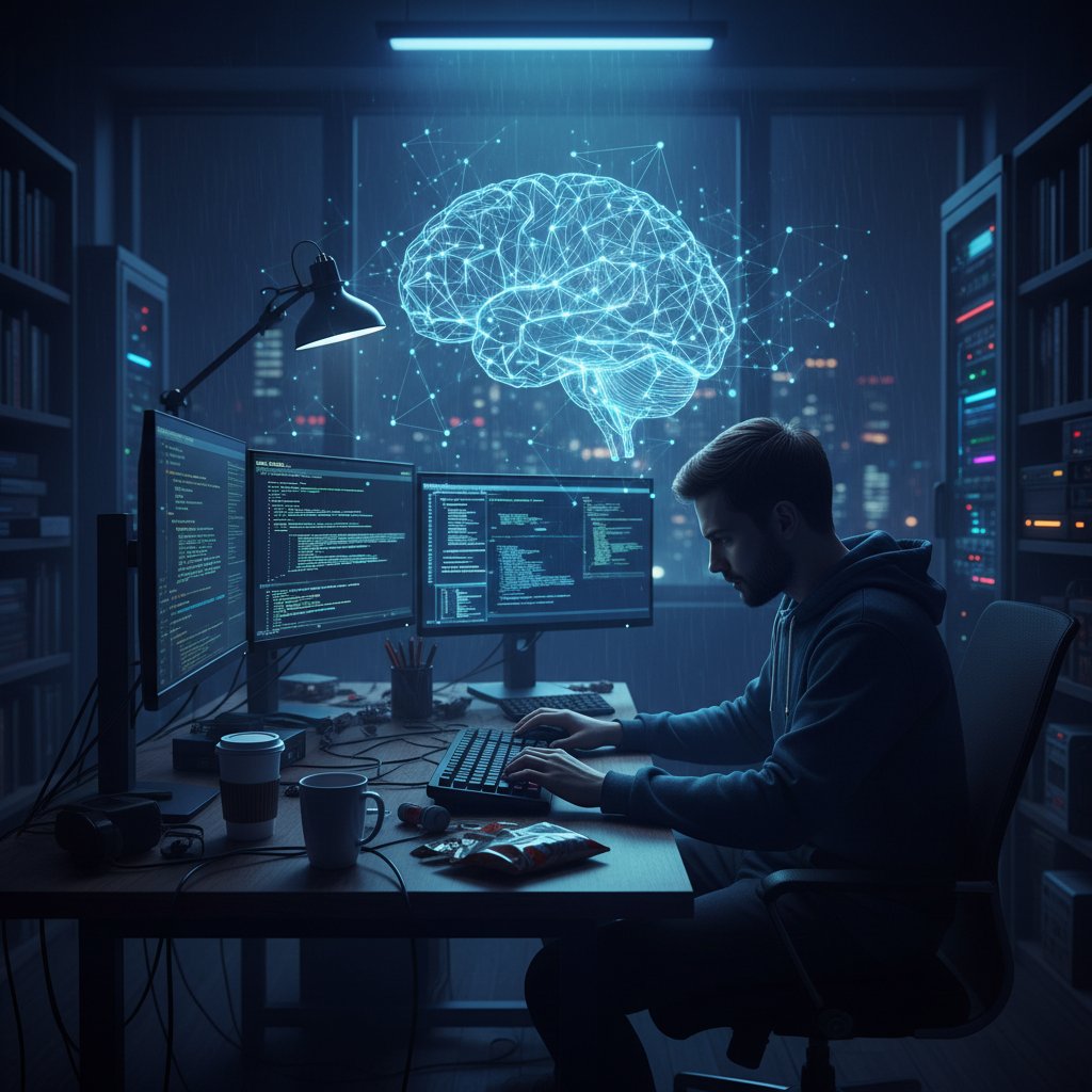 Programista pracujący nad kodem AI w nastrojowym biurze, ekran z siecią neuronową, intensywne światło