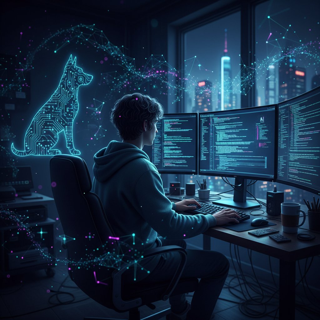 Programista przy komputerze, ekrany z kodem AI i sylwetką psa, cyfrowa atmosfera