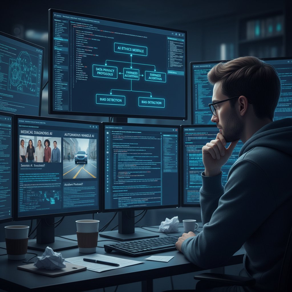 Programista przy komputerze, na ekranie kod AI analizujący scenariusze etyczne