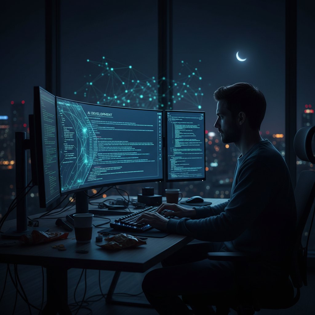 Zdjęcie programisty pracującego przy komputerze z kodem AI na ekranie