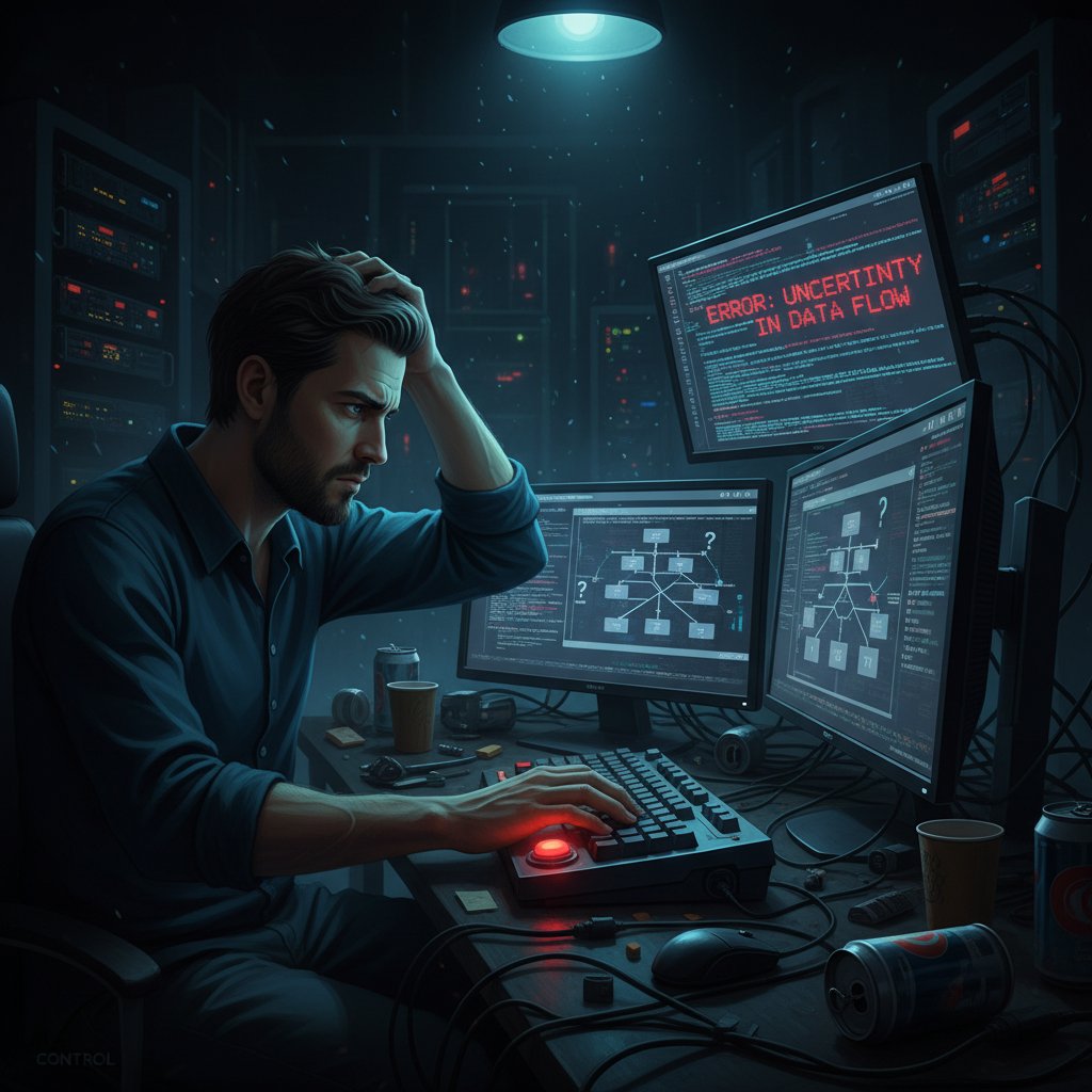 Zdjęcie programisty przy komputerze w ciemnym pokoju, symbolizujące władzę i niepewność wokół tego, kto kontroluje kod