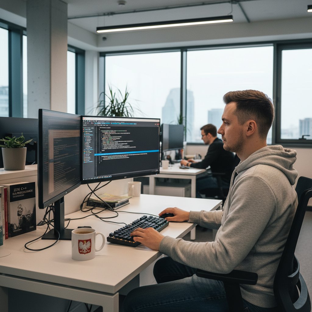 Programista pracuje nad kodem AI, ekran z polskim tekstem i slangiem, współczesne biuro IT, atmosfera skupienia