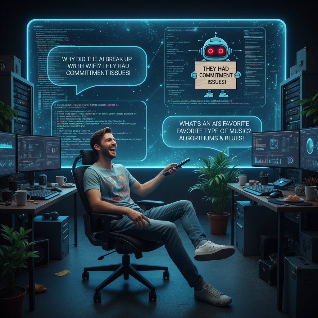 Programista kontrolujący AI generującego żarty na wielkim ekranie – ironiczna scena