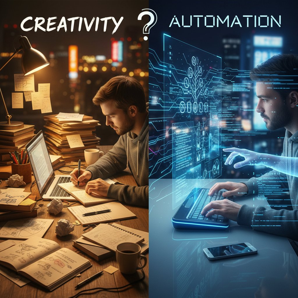 Programista zastanawia się nad kreatywnością a automatyzacją, ekran z kodem i narzędziem AI obok kartek z notatkami