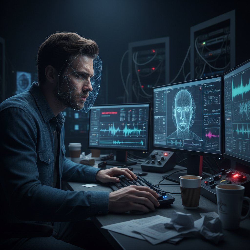 Programista analizujący deepfake na ekranie komputera, atmosfera napięcia