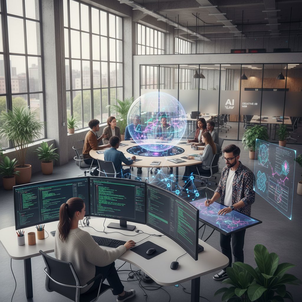 Programista i projektant wspólnie analizują projekty AI na nowoczesnym ekranie, kreatywność i technologia połączone w jednym kadrze