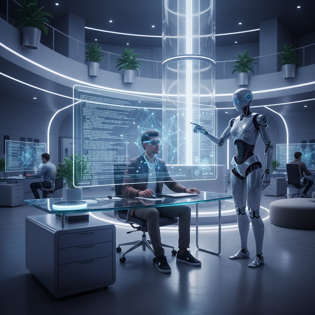 Programista patrzy w przyszłość, nowoczesne biuro, ekrany z zaawansowanymi AI narzędziami i kodem