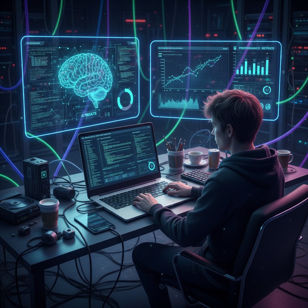 Programista analizujący wyniki AI na laptopie, dynamiczne światło, kod, wykresy