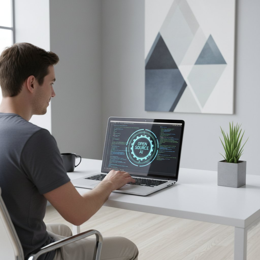 Programista analizujący kod open source na ekranie laptopa w minimalistycznym biurze