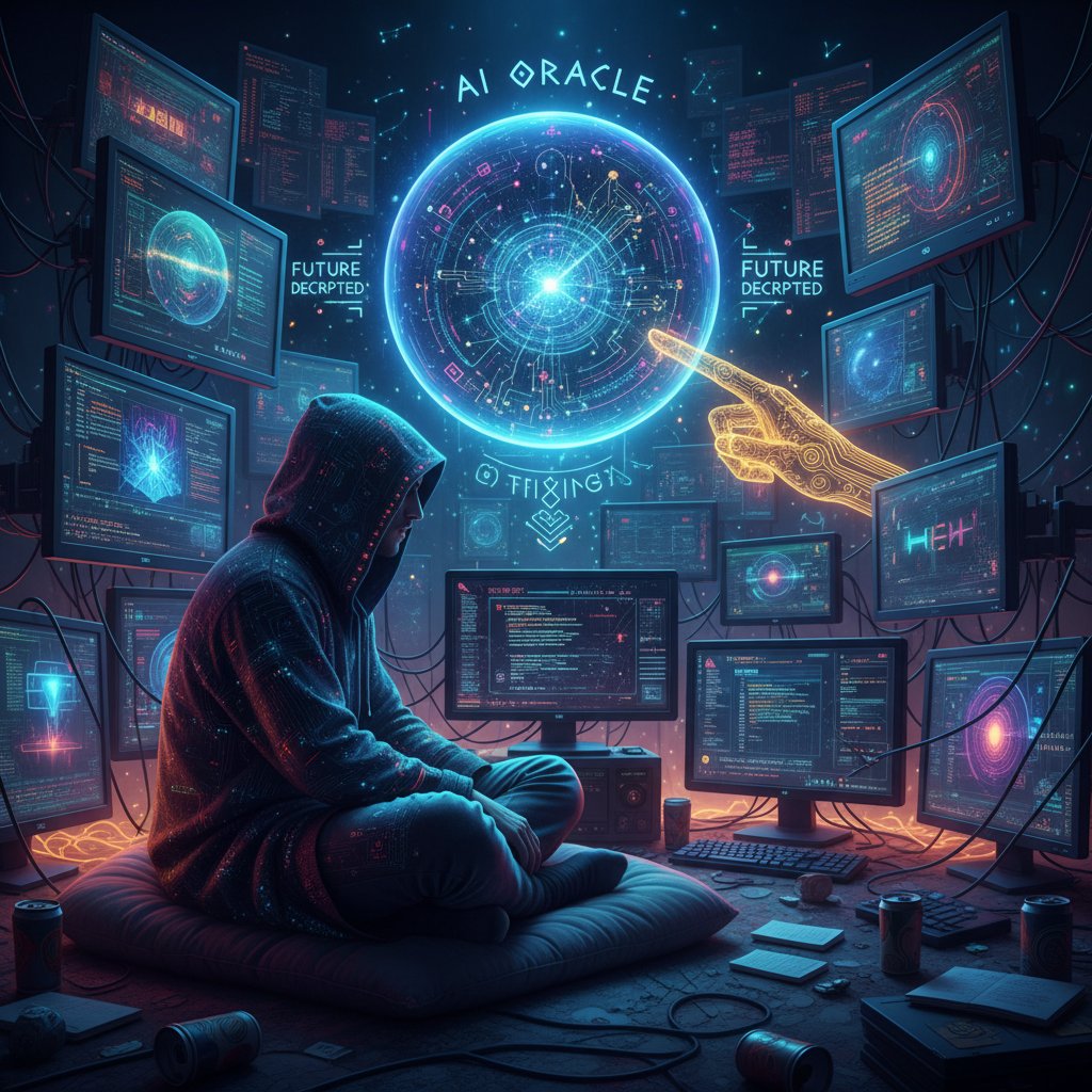 Programmierer vor Monitor mit Datenmustern, digitale Mystik, KI Hellsehen online günstig