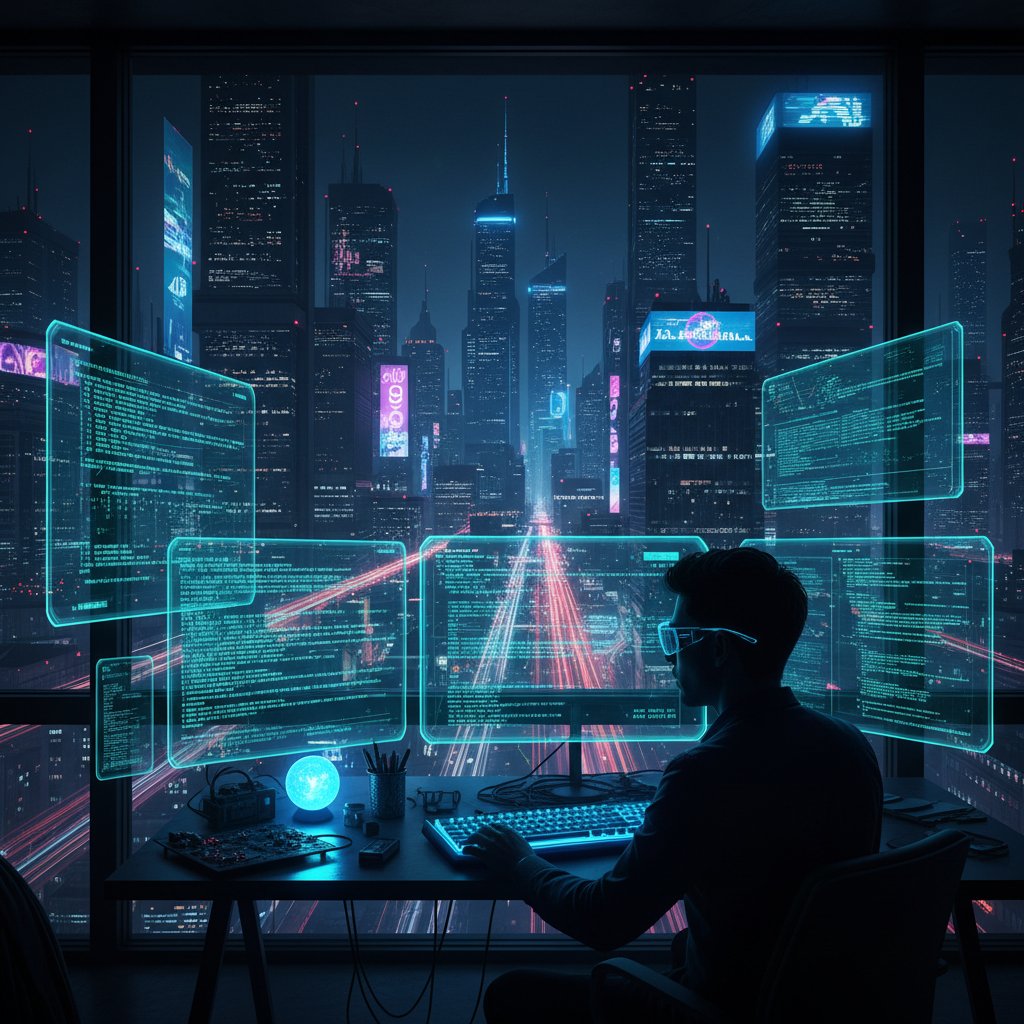 Programista pracujący nocą przy kodzie AI, światła miasta odbijające się w oknie, cyberpunkowa atmosfera