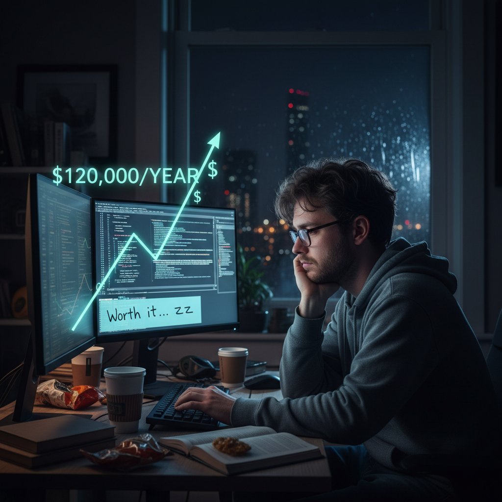 Programista pracujący późną nocą, ekran z kodem, kubek kawy – ilustracja zmęczenia i presji, słowa kluczowe: programista, zarobki, nocna praca