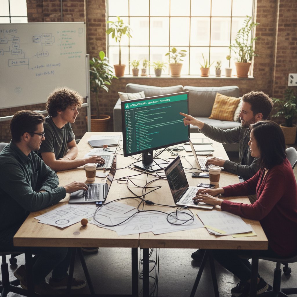 Programista analizuje kod otwartego oprogramowania księgowego, atmosfera współpracy