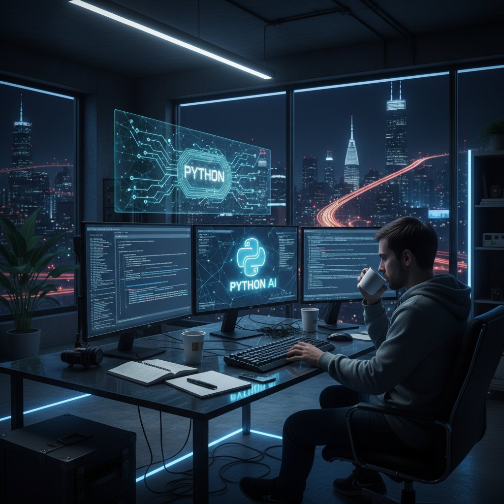 Programista pracujący nocą nad kodem Python AI w neonowym otoczeniu, z panoramą polskiego miasta za oknem