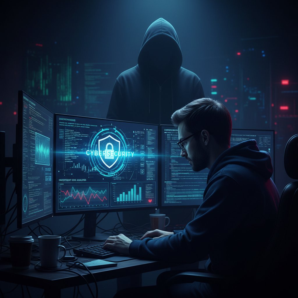 Programista analizujący kod na ekranie, kontekst: cyberbezpieczeństwo inwestycji online