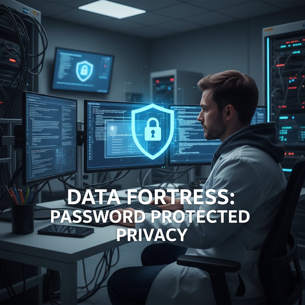 Programista zabezpieczający bazę danych w szpitalu, ekran z hasłami i blokadami, słowa kluczowe: bezpieczeństwo danych medycznych, prywatność, szpital