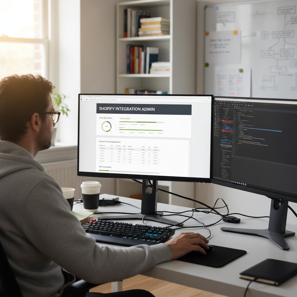 Programista integrujący chatbota z platformą Shopify, widoczny kod i panel administracyjny