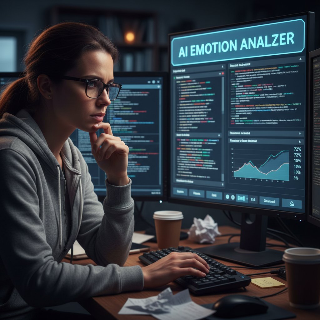 Programista testujący AI rozpoznające emocje w danych tekstowych, ekran z kodem, wyraz skupienia