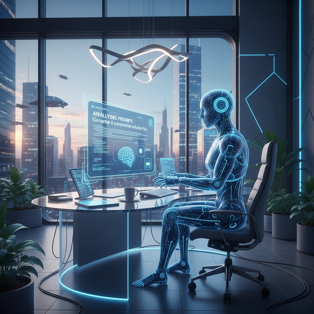 Programista i wirtualny pracownik AI analizują prompt na ekranie w nowoczesnym biurze