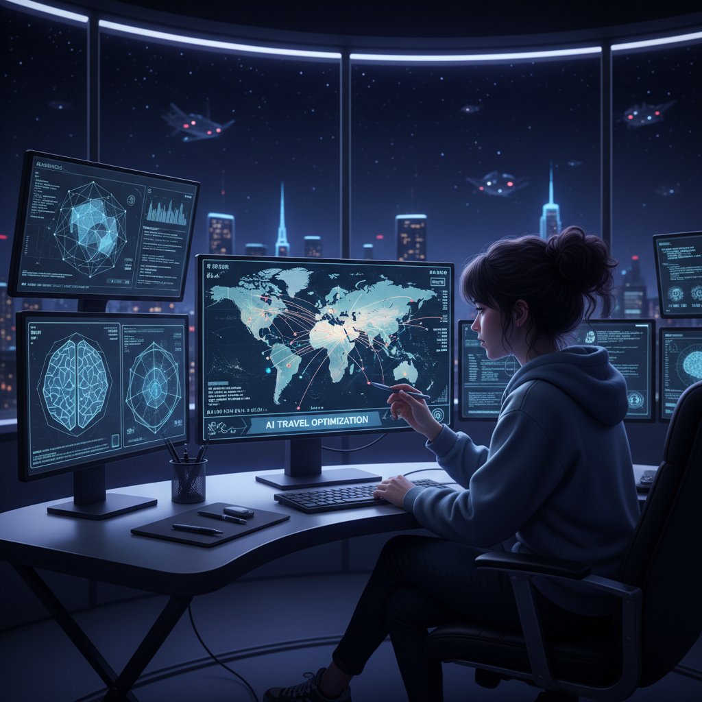 Programista analizujący dane lotów na ekranie laptopa, słowa kluczowe: AI, loty, przesiadka, technologia