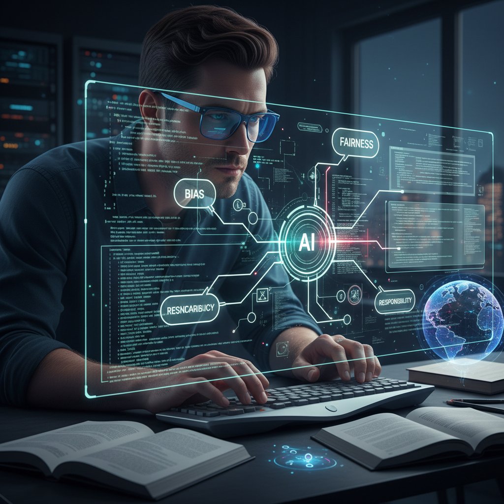 Programista analizujący kod AI pod kątem etyki, ekran z kodem, skupienie