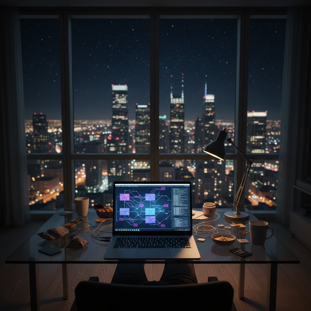 Nocna praca programisty z otwartym kodem LLM na ekranie w miejskiej scenerii, motyw technologiczny i futurystyczny