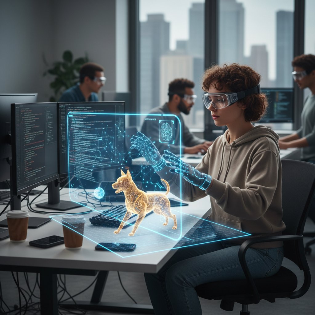Programista testujący nowoczesną aplikację z AR i AI, biuro, ekrany z generatywną grafiką