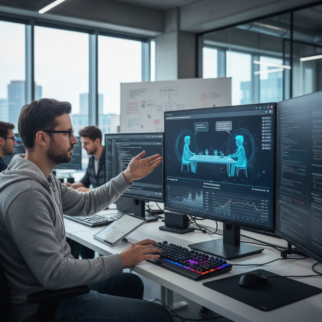 Programista testuje algorytm AI na ekranie podczas symulacji negocjacyjnej