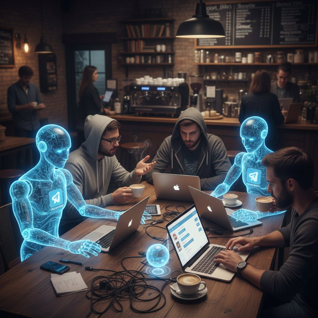 Spotkanie programistów Telegram AI boty, laptop, kawa, wieczorne światło