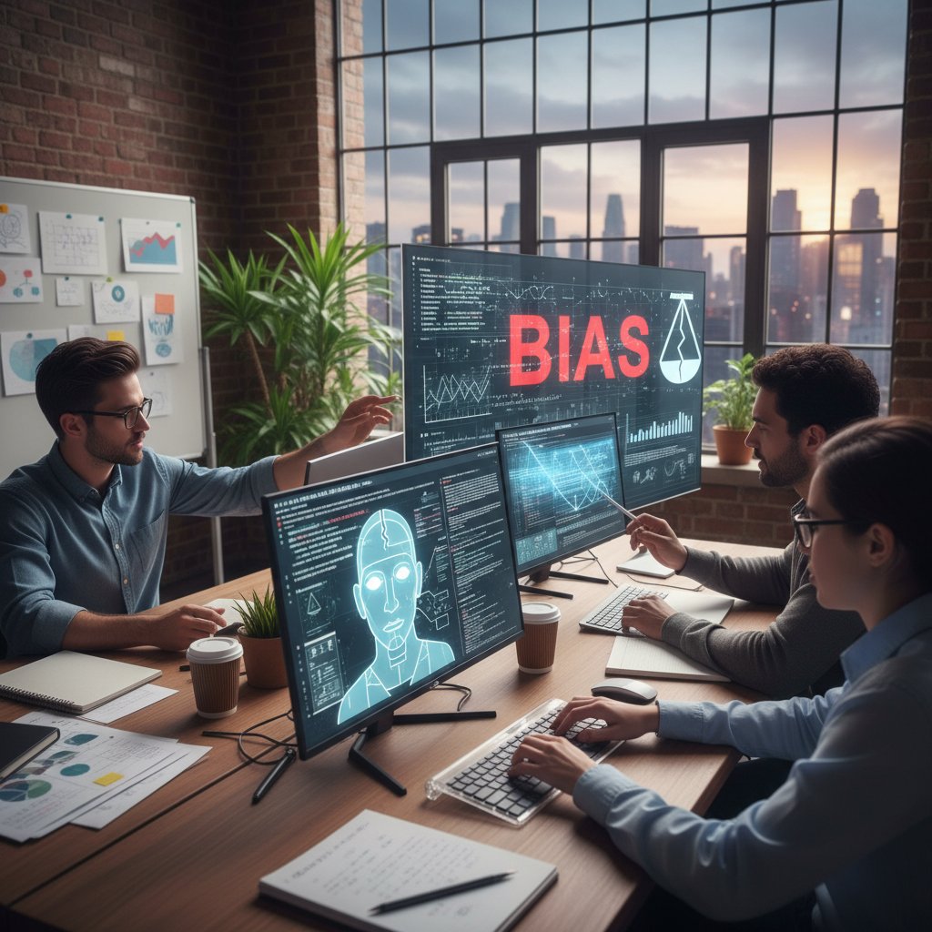 Zdjęcie zespołu programistów analizujących dane na dużym ekranie, ilustrujące problem biasu