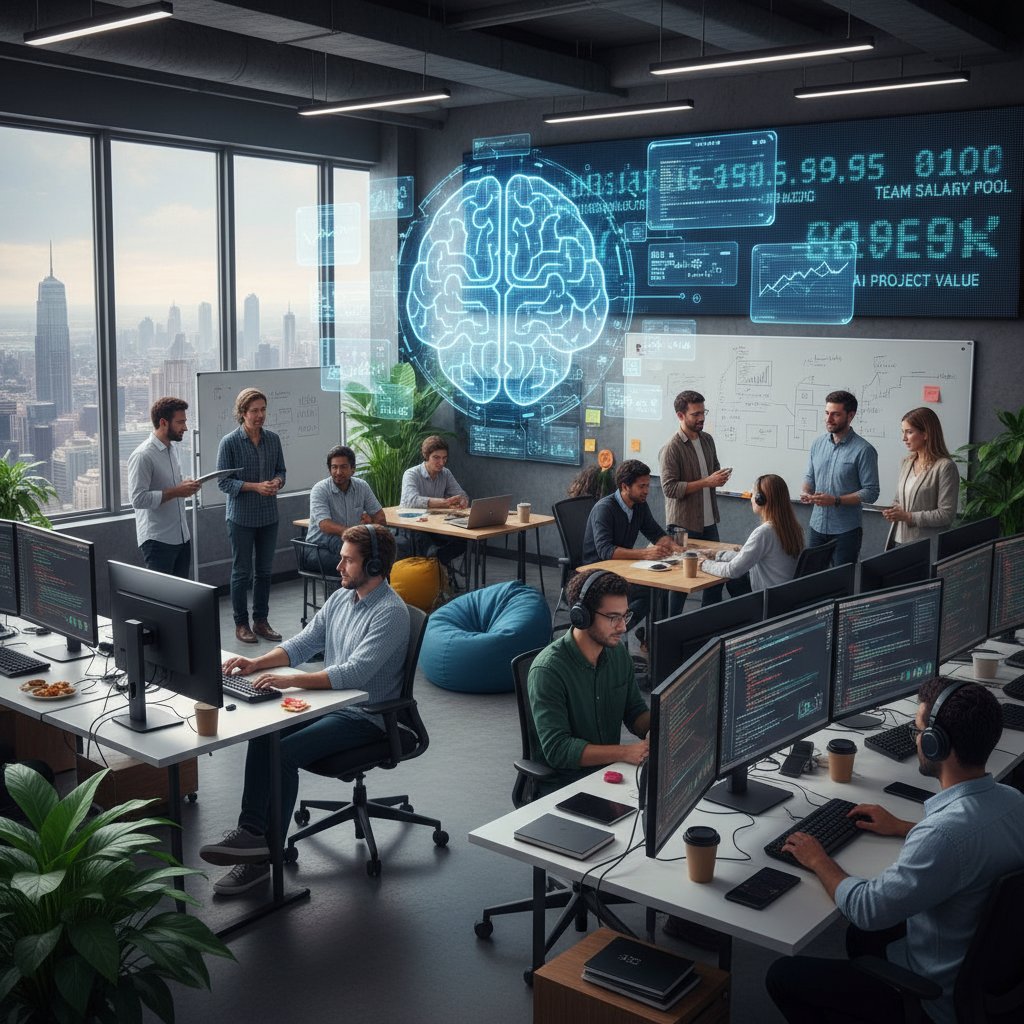 Grupa programistów pracujących w nowoczesnym biurze, ekrany z kodem, atmosfera skupienia – pokazuje zmianę liderów na rynku pracy, słowa kluczowe: programista, AI, zawody dobrze płatne