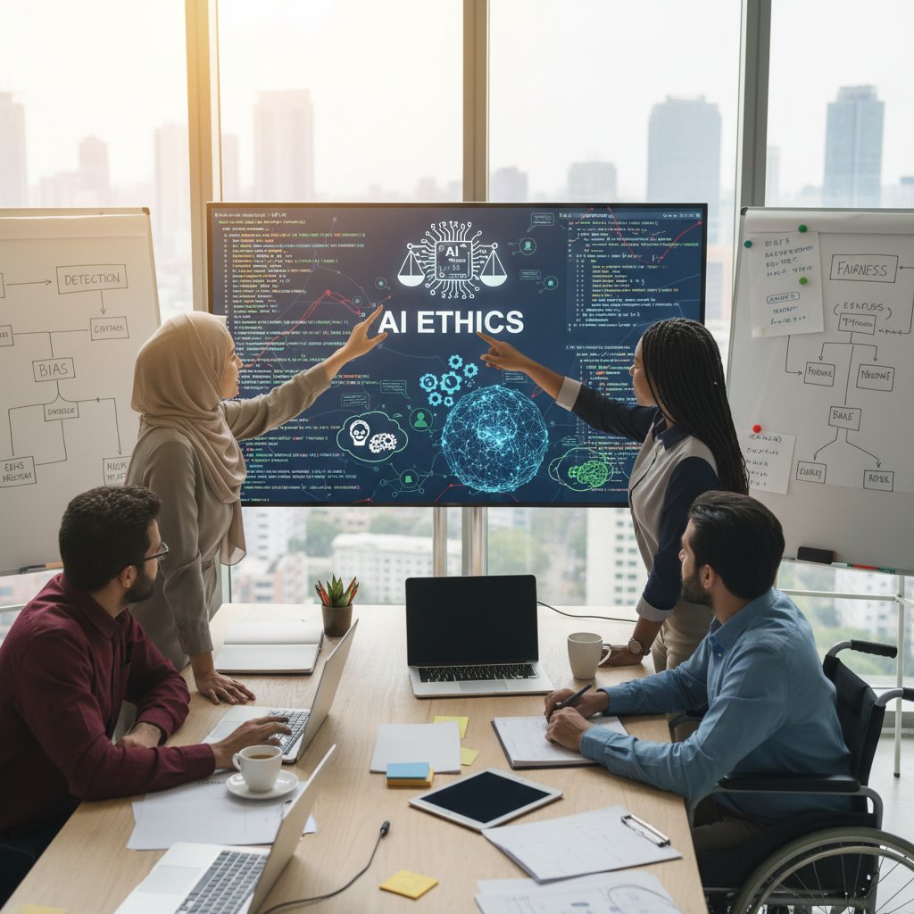 Zdjęcie zespołu programistów debatujących nad kodem AI – ilustracja odpowiedzialności ludzi w procesie tworzenia sztucznej inteligencji