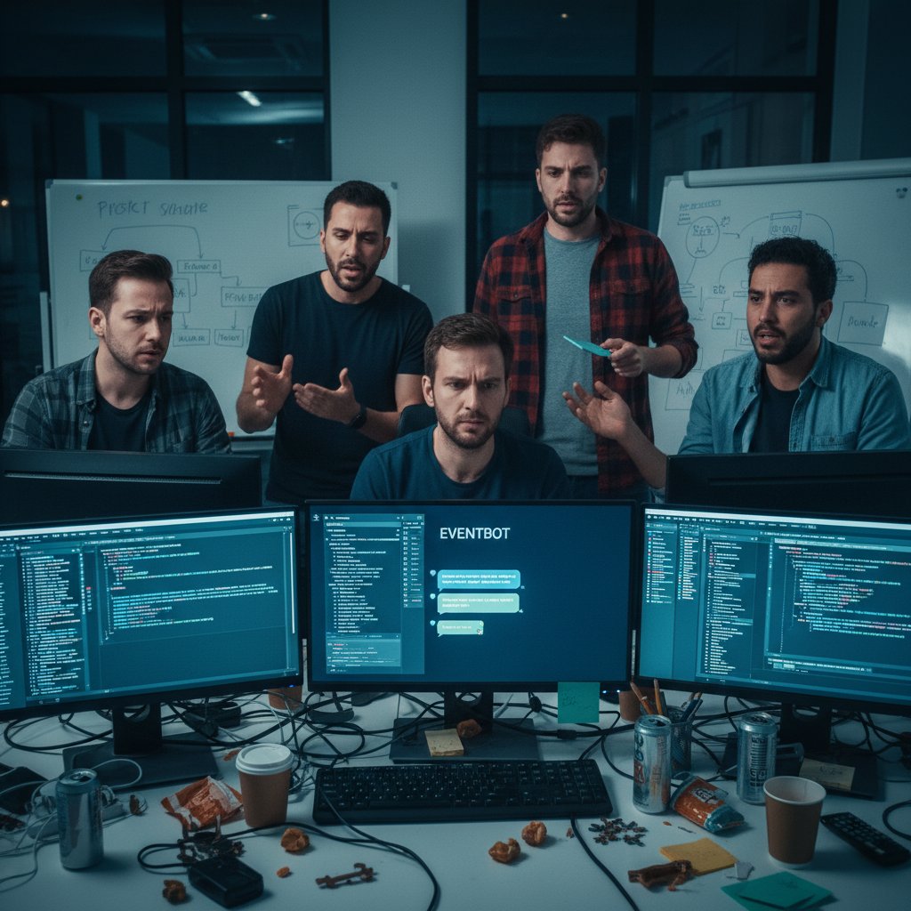Zespół programistów pracujących nad kodem chatbota eventowego, ekrany z kodem, atmosfera napięcia