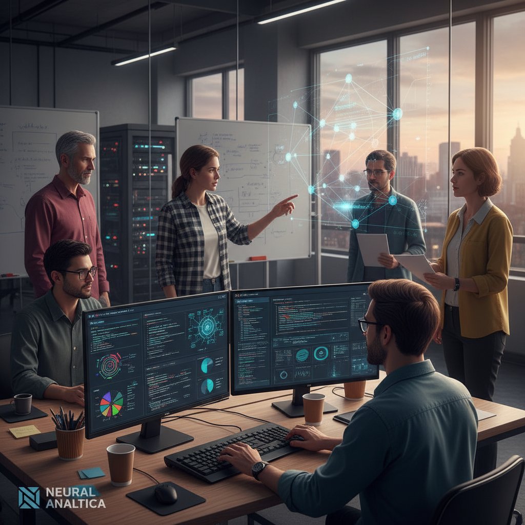 Zespół programistów analizujących dane na tle ekranów z sieciami neuronowymi – napęd rozwoju AI