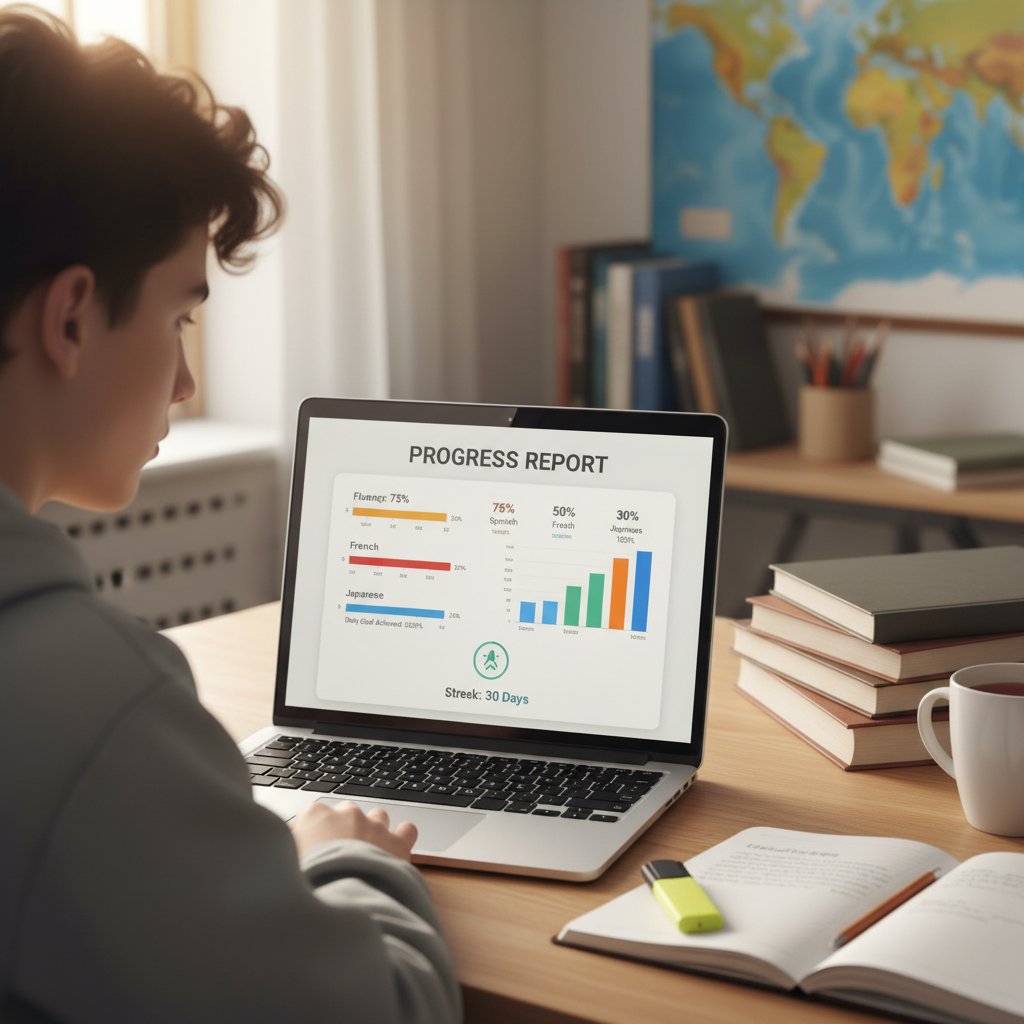 Zdjęcie ekranu z raportem postępów nauki języka, wykres postępu ucznia
