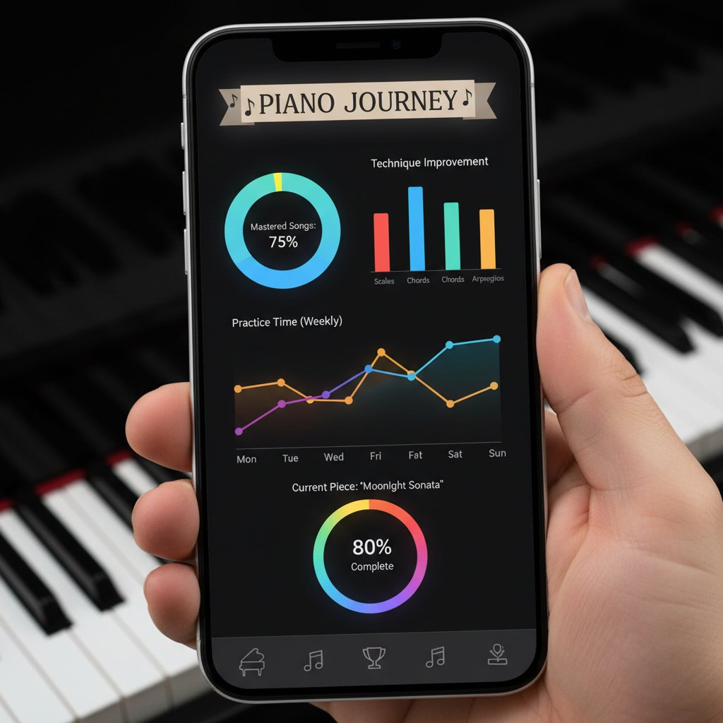 Aplikacja śledząca postępy w nauce fortepianu online – kolorowe wykresy i raporty na ekranie telefonu