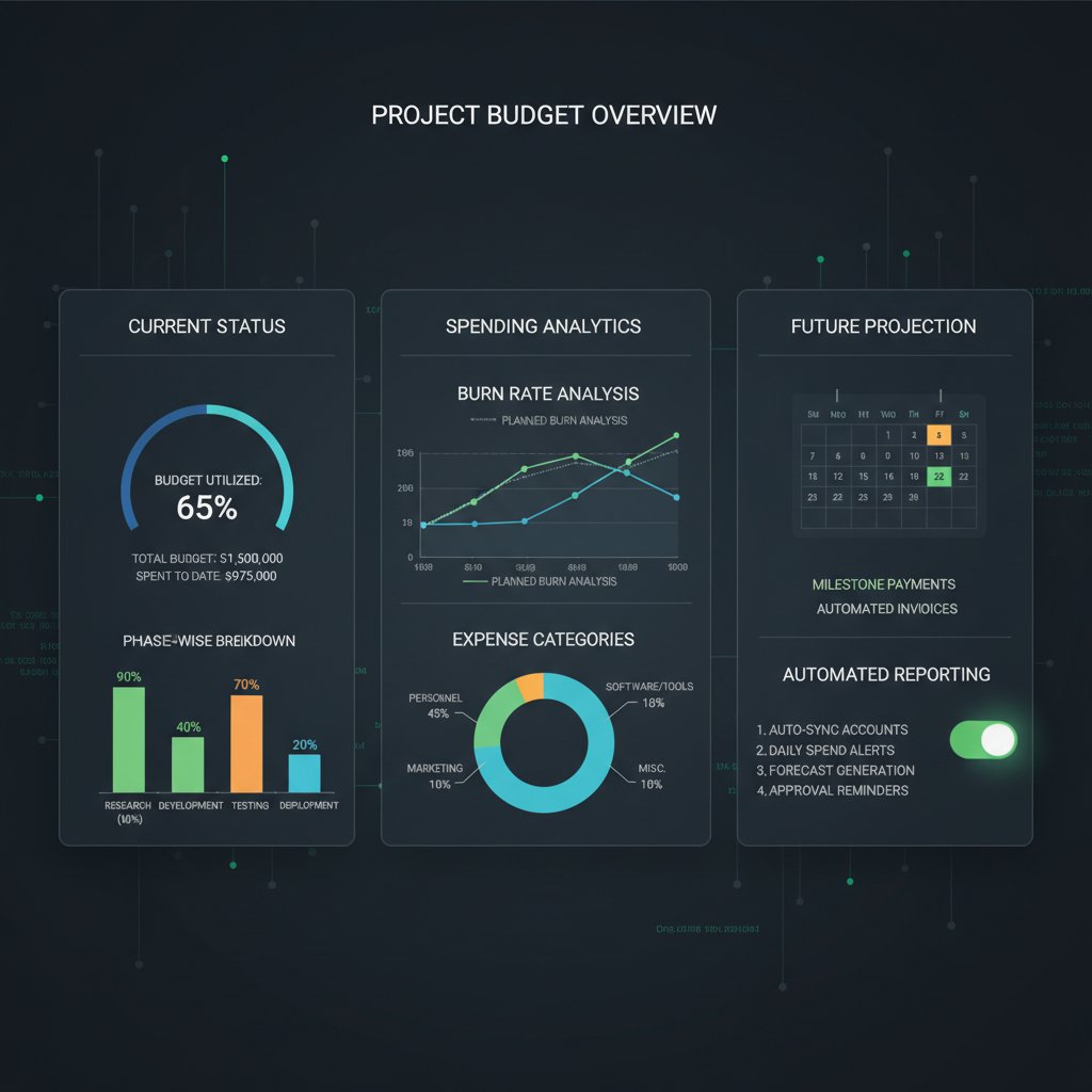 Glowing project budget dashboard symbolizing clarity and efficiency from automation of budgeting tasks