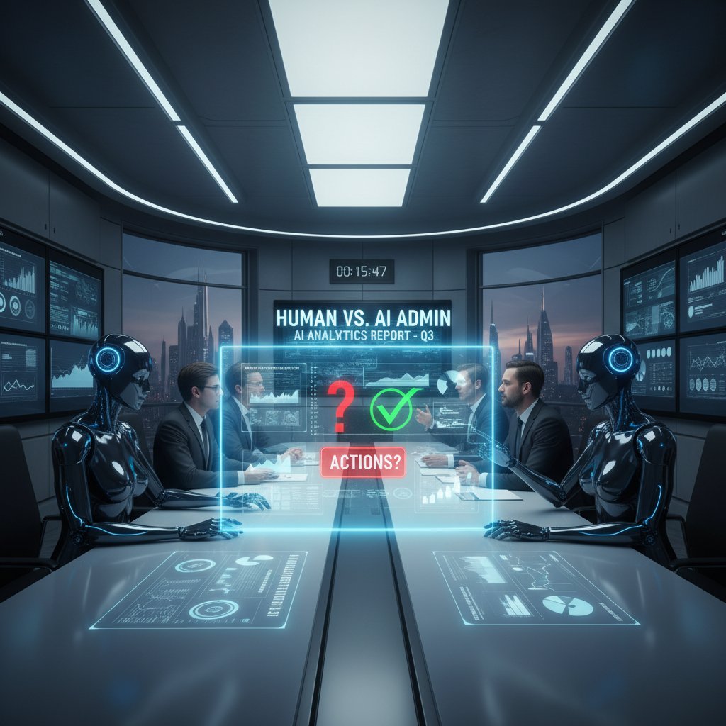 Two project leads reviewing AI-generated reports, debating which actions to take