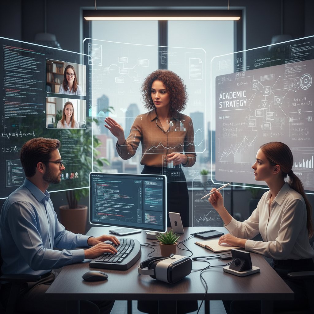 Academic team collaborating around a digital project management dashboard