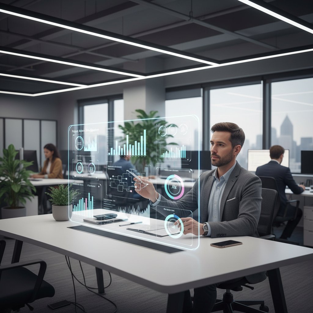 Nowoczesne biuro w Polsce nocą, project manager obserwuje dashboard AI, dynamiczna atmosfera