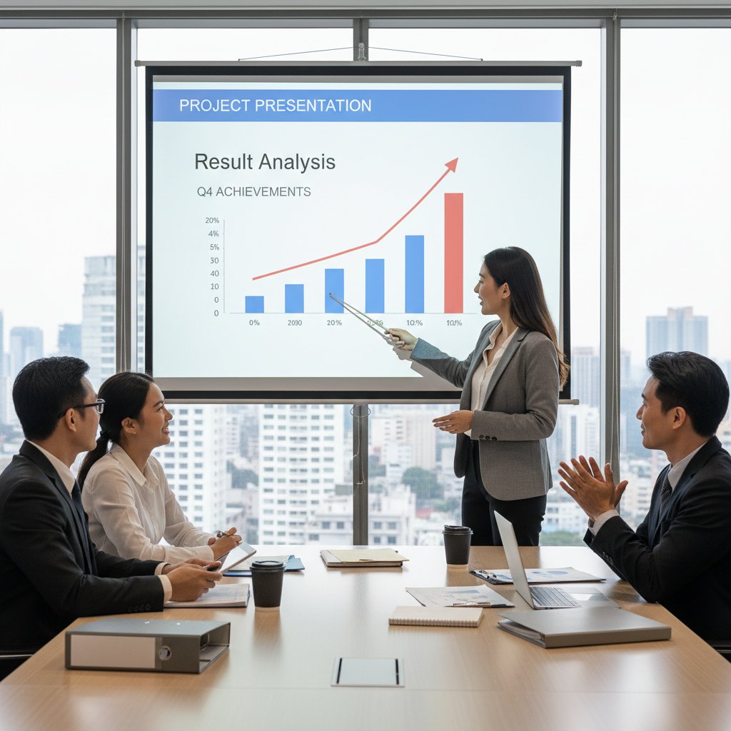 Osoba prezentująca wyniki projektu na spotkaniu zespołu, rzutnik, analiza