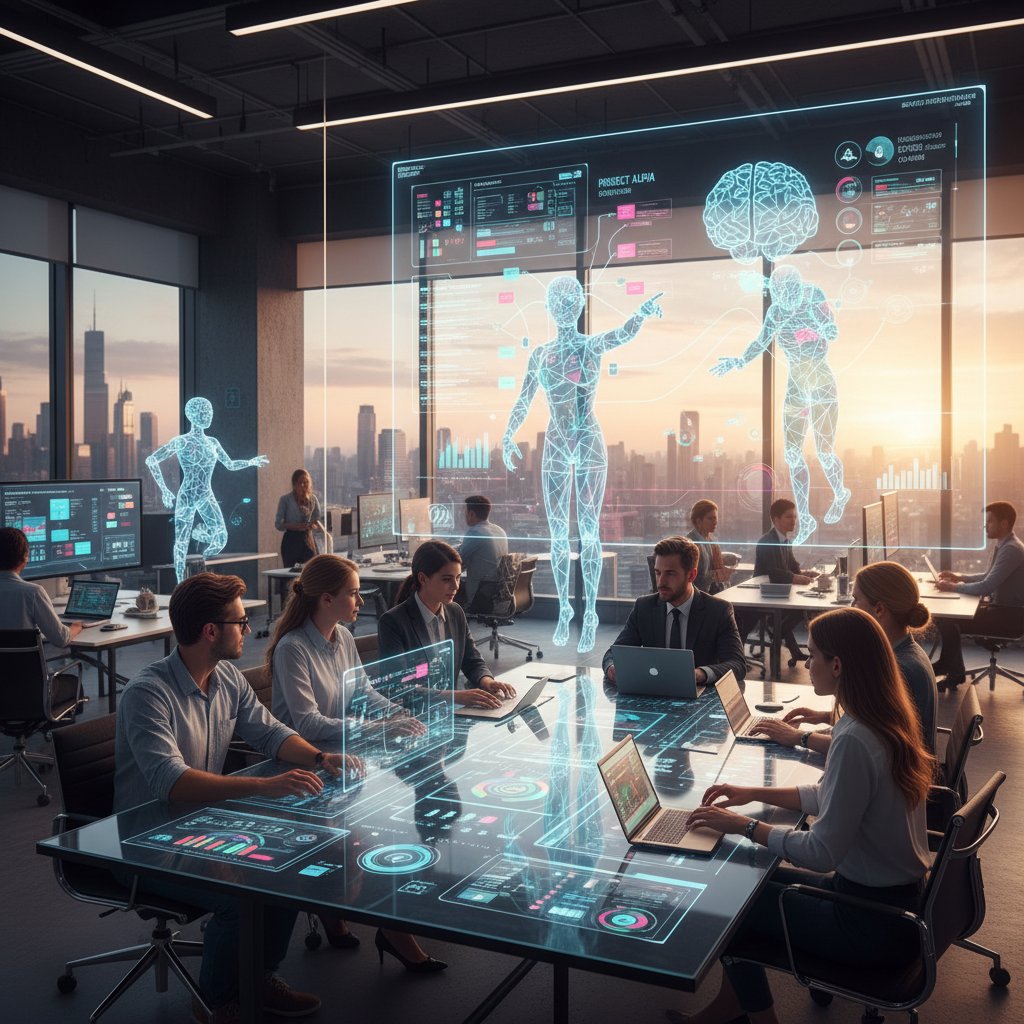 Modern digital workspace with an AI-powered avatar organizing emails and collaborating with human coworkers.