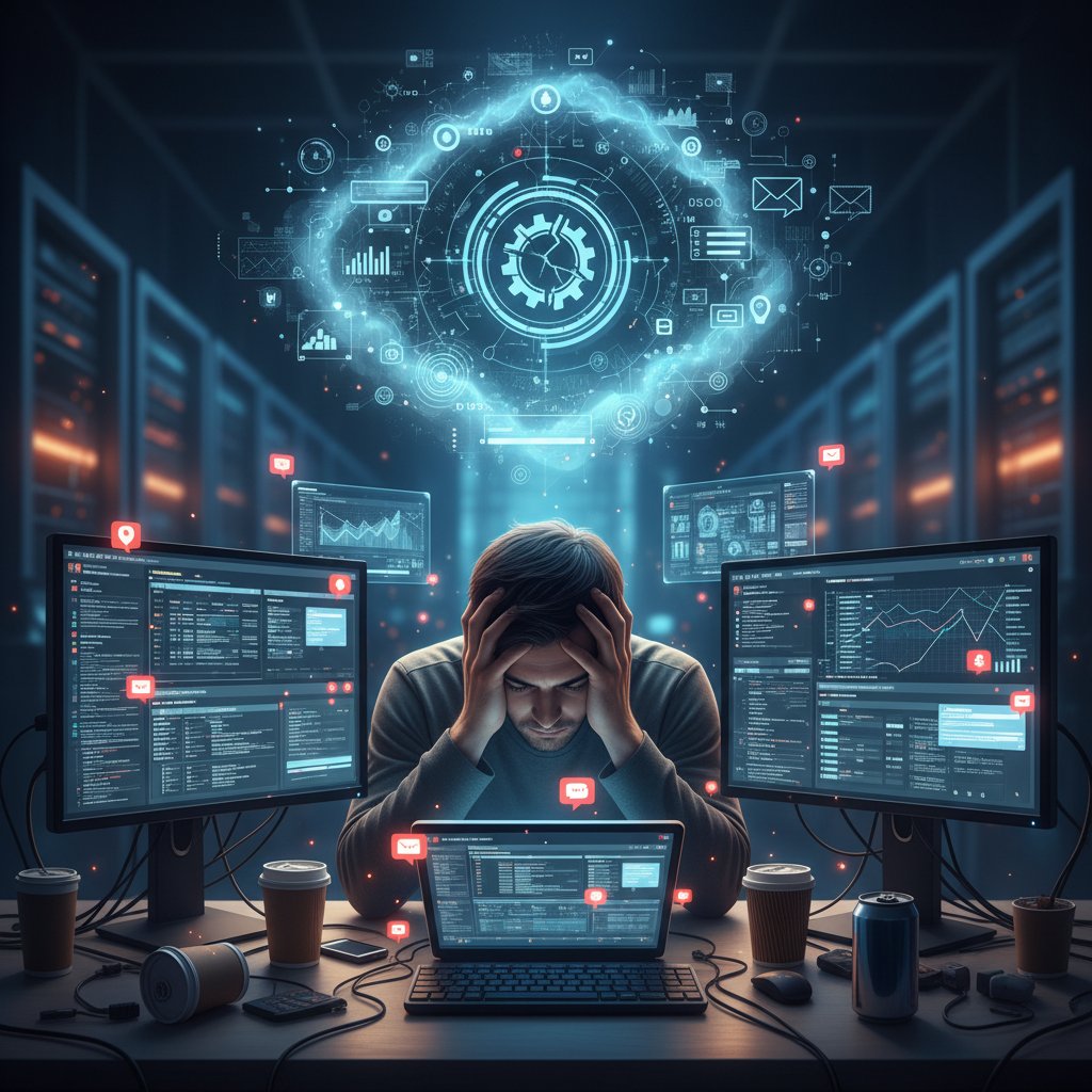 Burned out employee staring at a screen flooded with notifications and team messages.