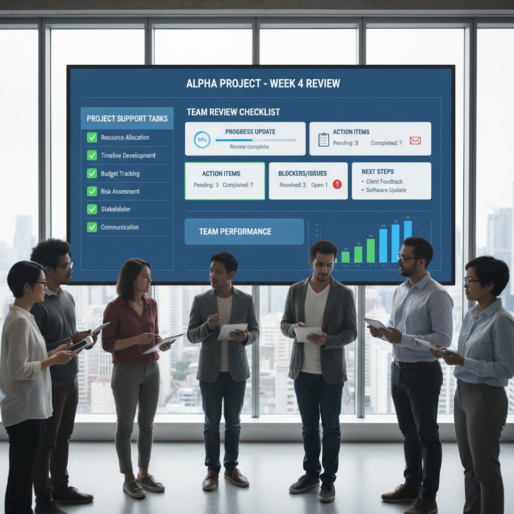 Team gathered around a digital dashboard checking a project support readiness checklist.