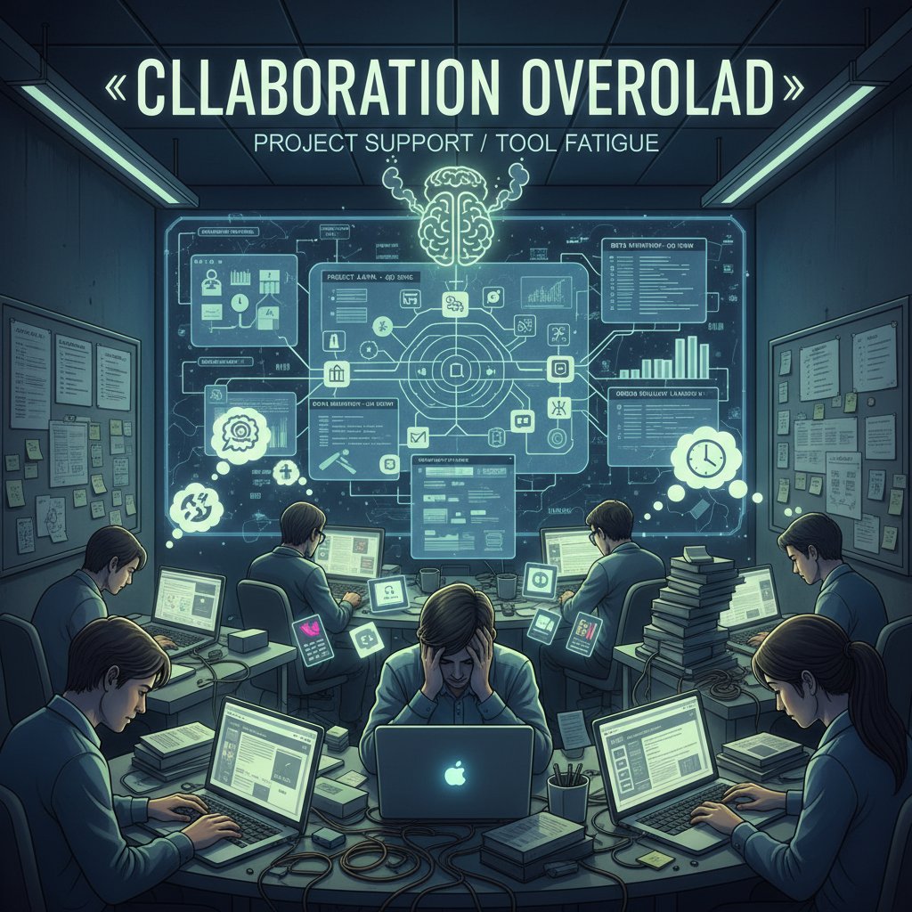 Overwhelmed worker surrounded by multiple screens and project management tools, depicting tool fatigue.