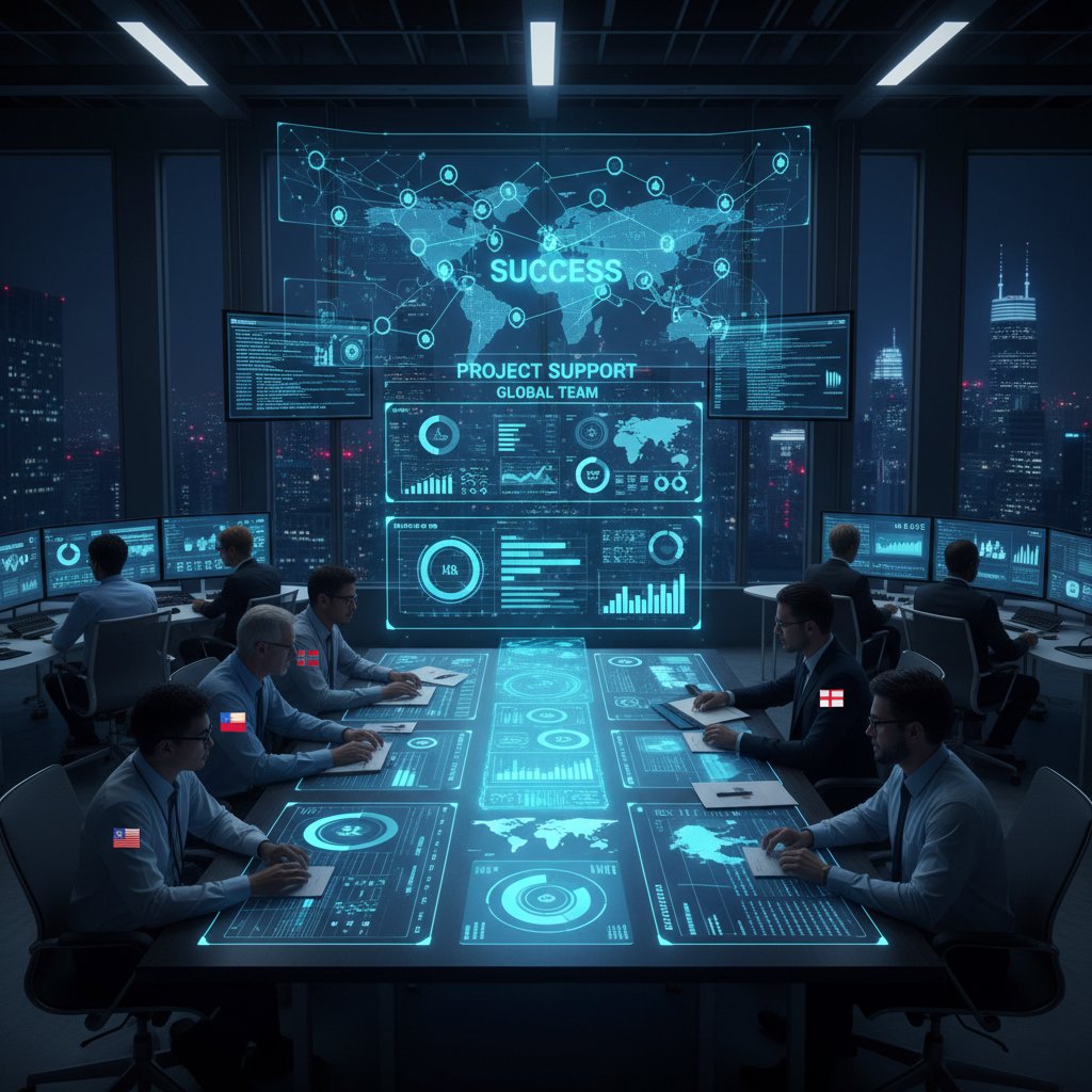 Diverse global team celebrating project delivery success with visible digital dashboards and AI assistants.