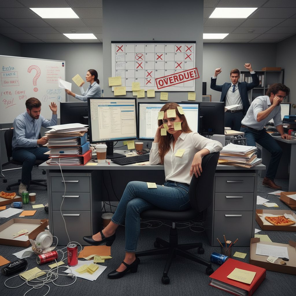 Stressed coworkers in a cluttered office environment, with visible email overload and missed deadlines.